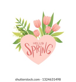 Bouquet of Pink Tulip Flowers and Heart, Bouquet of Pink Flowers Hello Spring Floral Design Template Vector Illustration