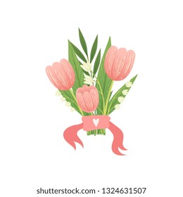 Bouquet of Pink Tulip Flowers, Hello Spring Floral Design Template Vector Illustration