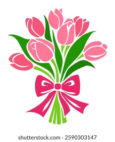 Bouquet of pink tulip flowers isolated on a white background. Vector illustration. Hand-drawn illustration, not AI
