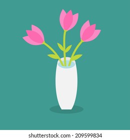 Bouquet of pink tulip flowers in a vase. Flat design. Vector illustration