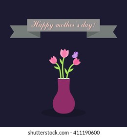 Bouquet of pink tulip flowers in a vase. Flat design. Vector illustration 
