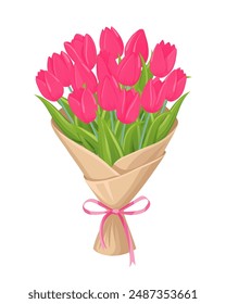 Strauß von rosa Tulpen in Dekorpapier mit einem Satinband. Ein charmantes Geschenk mit Blumen zum Valentinstag, Muttertag, oder um Wertschätzung zu zeigen. Gestaltungselement für Grußkarte, Einladung.