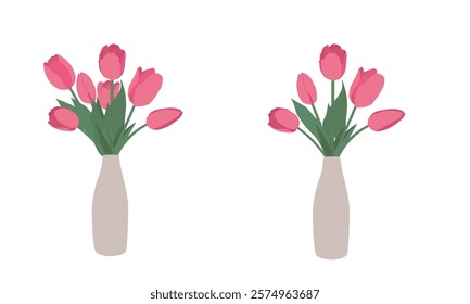 A bouquet of pink tulips in a flat style in a vase.
