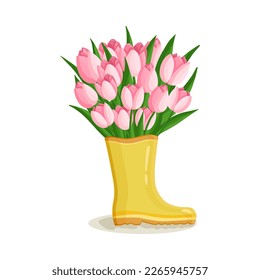 Bouquet of pink tulips flowers in rubber boot. Spring composition for women's day, mother's day, easter and other holidays. Floral design isolated vector illustration for postcard, poster and other.