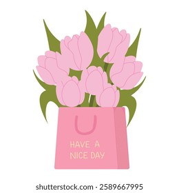 Bouquet of pink tulips in a pink gift box. Spring mood. Floral illustration in a soft, elegant style for spring holidays and Mother's Day. Vector illustration