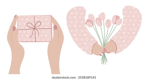 Bouquet of pink tulips and a gift in female hands. Decorative vector elements for greeting card on Mother's Day and International Women's Day, March 8