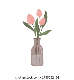 Bouquet of pink tulips in glass vase. Vector illustration isolated on white background