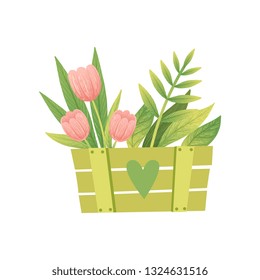 Bouquet of Pink Tulips with Leaves in Green Wooden Box, Hello Spring Floral Design Template Vector Illustration