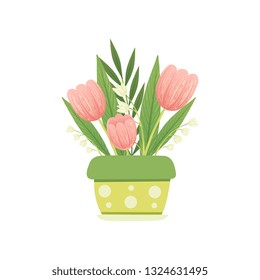 Bouquet of Pink Tulips and Lilies of the Valley in Flower Pot, Hello Spring Floral Design Template Vector Illustration