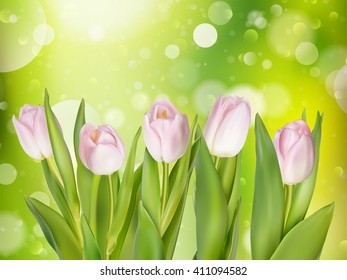 Bouquet of pink tulips on bokeh background with space for message. Valentines Day and Mothers Day background. Soft focus. EPS 10 vector file included