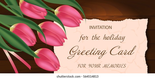 Bouquet of pink  tulips on a wooden background, with free space for text. Spring flowers. Mother's or Valentine's day background. Vector illustration.