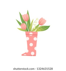 Bouquet of Pink Tulips in Pink Rubber Boot, Hello Spring Floral Design Template Vector Illustration