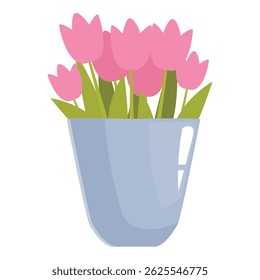 Bouquet of pink tulips is standing in a blue vase