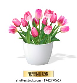 Bouquet of pink tulips in vase isolated on white. Quality realistic vector background, 3d illustration