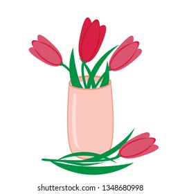 Bouquet of pink tulips in vase, vector flat isolated illustration. Beautiful flowers for greeting card, invitation, poster, banner.