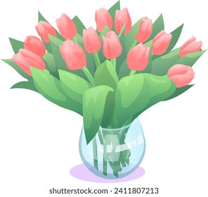 A bouquet of pink tulips in a vase or in a wrapper. Flat illustrations for greetings on the occasion of March or Women's Day.