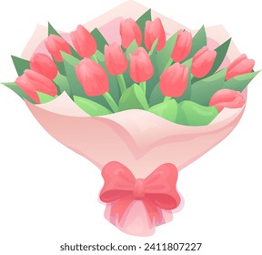 A bouquet of pink tulips in a vase or in a wrapper. Flat illustrations for greetings on the occasion of March or Women's Day.