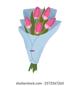 Bouquet of pink tulips wrapped in blue paper with a decorative tie. Perfect for spring holidays, romantic occasions, and elegant decor. Flat vector illustration isolated on white background.