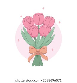 Bouquet of Pink Tulips Wrapped with Ribbon and Bow. Spring Flowers Bouquet Gift Vector Illustration. International Women's Day. Mother's Day.