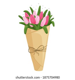 Bouquet of pink tulips in wrapping paper. Modern design for Holidays invitation card, poster, banner, greeting card, postcard, packaging, print. Vector illustration.