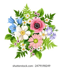 Bouquet of pink, white, blue, and purple flowers and green leaves isolated on a white background. Vector illustration. Hand-drawn illustration, not AI