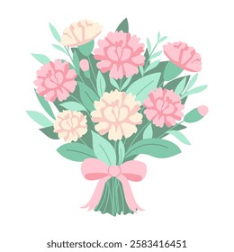 A bouquet of pink and white flowers with a pink ribbon. The flowers are arranged in a way that they look like they are in a vase. The bouquet is very pretty and colorful, and it gives off a cheerful