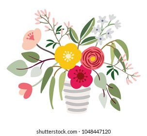 Bouquet with pink, yellow flowers with leaves in the striped vase on the white background. Vector romantic garden plants. Design template for the card, poster, pillow.