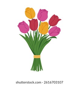 Bouquet of pink, yellow, red tulips. Beautiful spring flowers, holiday present. Hand drawn vector illustration isolated on white background, modern flat cartoon style.