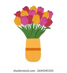 Bouquet of pink, yellow, red tulips in ceramic vase. Beautiful spring flowers, holiday present. Hand drawn vector illustration isolated on white background, modern flat cartoon style.