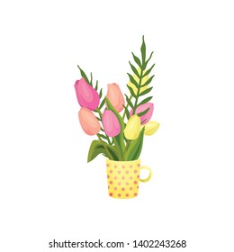 Bouquet of pink and yellow tulips stands in a yellow mug. Vector image on white background.