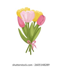 Bouquet of pink and yellow tulips tied with a ribbon and a bow. Isolated vector illustration on a white background.