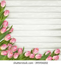 Bouquet of pinkl tulips on rustic wooden board, easter decoration. EPS 10 vector file included