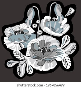 A bouquet of poppies in gray and white tones.Modern flowers and foliage isolated elements drawn in boho style.Abstract plant art design for print.Vector template.