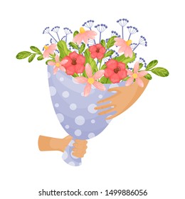 Bouquet of poppies and pink daisies in light blue packaging. Vector illustration on a white background.