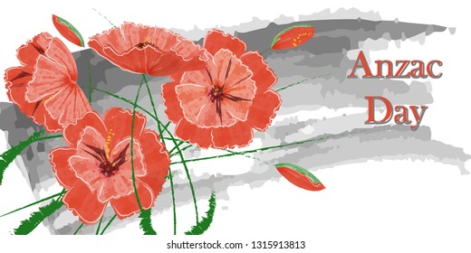 Bouquet of poppies - a symbol of the remembrance day. Memorial Day, Anzac Day in New Zealand, Australia. Flower arrangement of poppies in a watercolor style. Vector illustration. Greeting card