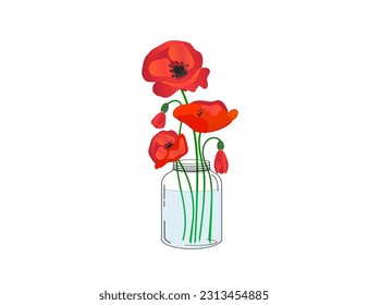 Bouquet of poppies in a vase (bank). Interior. Vector icon