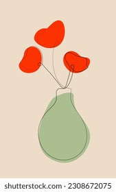 Bouquet of poppies in vase. One continuous line drawing vector illustration. Modern wall poster, interior design, print, home decor.