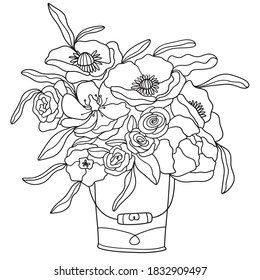 Bouquet of poppies,eucalyptus , ranunculus and roses.Anti stress coloring book page for adults or children.Outline vector drawing of flowers.Page of floral pattern in black and white.