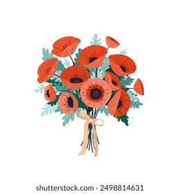 Ramo de flores de amapola. Amapolas atadas con una cinta. Ilustración vectorial aislada sobre un fondo transparente. Arte plano para carteles, postales, tarjetas. Vector Clip arte. Día de la Mujer, Día de la Madre.