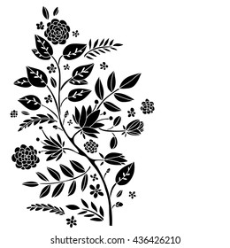 Bouquet, posy. Flowers, leaves, berries, branch hand drawn black silhouette, border isolated on white background