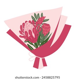 bouquet with Protea vector flat illustration. Blooming plant with stems, leaves isolated. Flower decoration or holiday symbol for greeting card, Mother's Day, gift label, spring, 8 march, wedding