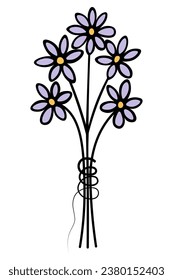 Bouquet of purple flowers. The flowers are tied with thread. Color vector illustration. Cartoon style. Flowering plants. Isolated background. Idea for web design, postcards, invitations.