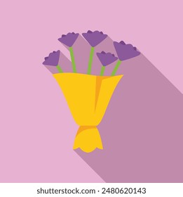 Bouquet of purple flowers wrapped in yellow paper, suggesting a gift for a special occasion