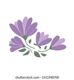 Bouquet de magnolia morada con hojas, dibujado a mano. Planta morada de dibujos animados. Ilustración de vector de color de una flor asiática sobre un fondo blanco aislado. Un elemento de diseño decorativo floreciente.