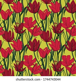 A bouquet of purple tulips. Seamless pattern Suitable for cards, posters and scrapbooking. Print sketch with withered colors for background or packaging. Minimalistic and simple. Vector and EPS 10
