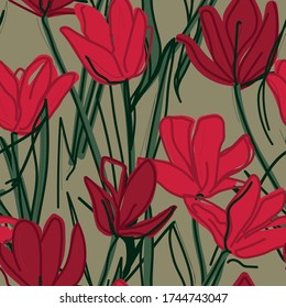 A bouquet of purple tulips. Seamless pattern Suitable for cards, posters and scrapbooking. Print sketch with withered colors for background or packaging. Minimalistic and simple. Vector and EPS 10
