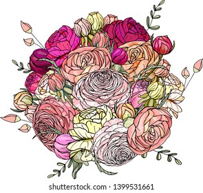 Bouquet of Ranunculuses flowers, buds, leaves and wildflowers. Can be used for textile, decoration, greeting cards, announcements, posters, stickers and advertisements.