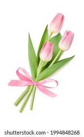 Bouquet of realistic pink tulips with pink bow isolated on white. Vector illustration.