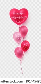 Bouquet of realistic red, pink ballons with white hearts and  ball with text Happy Valentines Day and ribbons. Vector illustration.