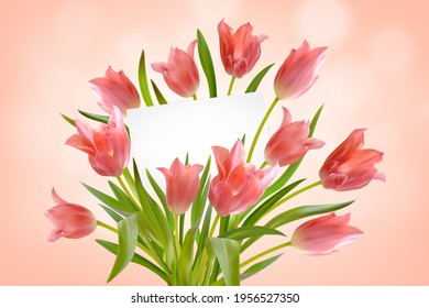 Bouquet of realistic tulips with greeting card on pink background. Paper card in bright beautiful bouquet of tulips flowers and leaves. Postcard with space for text. Vector illustration